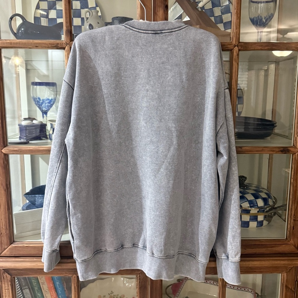Oversized Acid Wash Crewneck Sweatshirt w Pockets Gray Small - Picture 6 of 10